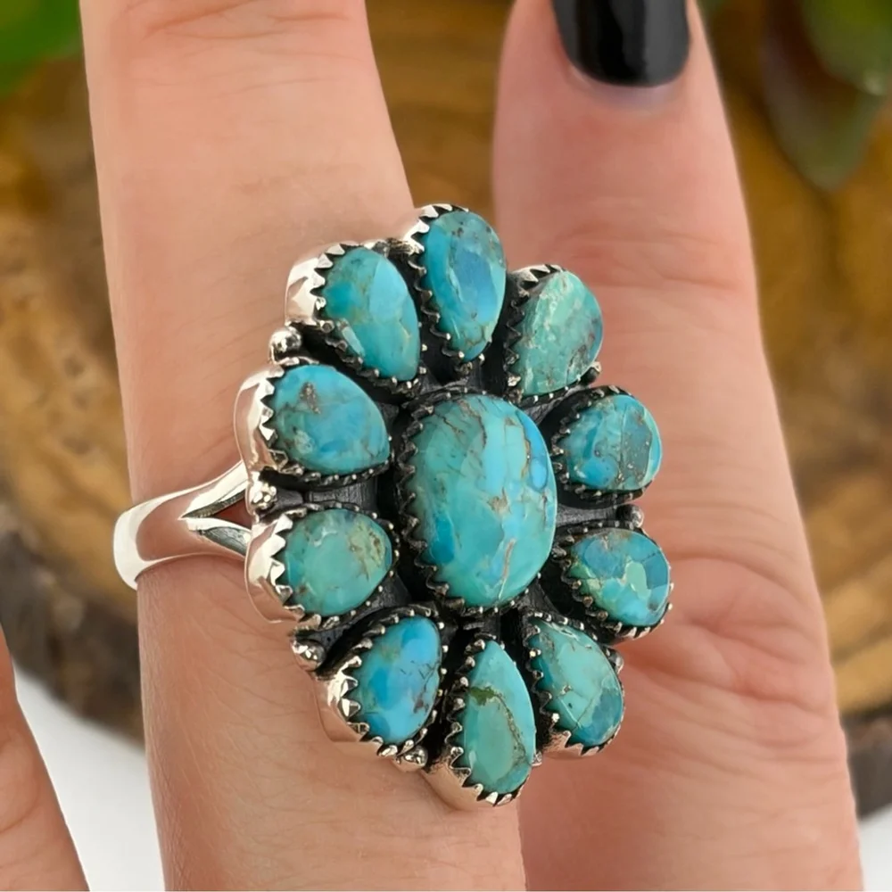 Pure Sterling Silver 925 Kingman Turquoise Cluster Ring 9.25 9 1/4 Navajo Style - Picture 5 of 10
